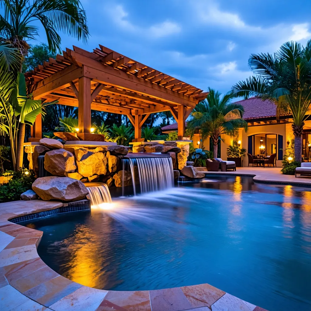 Oasis tropical: Piscina de ensueño con cascada y palmeras iluminadas.