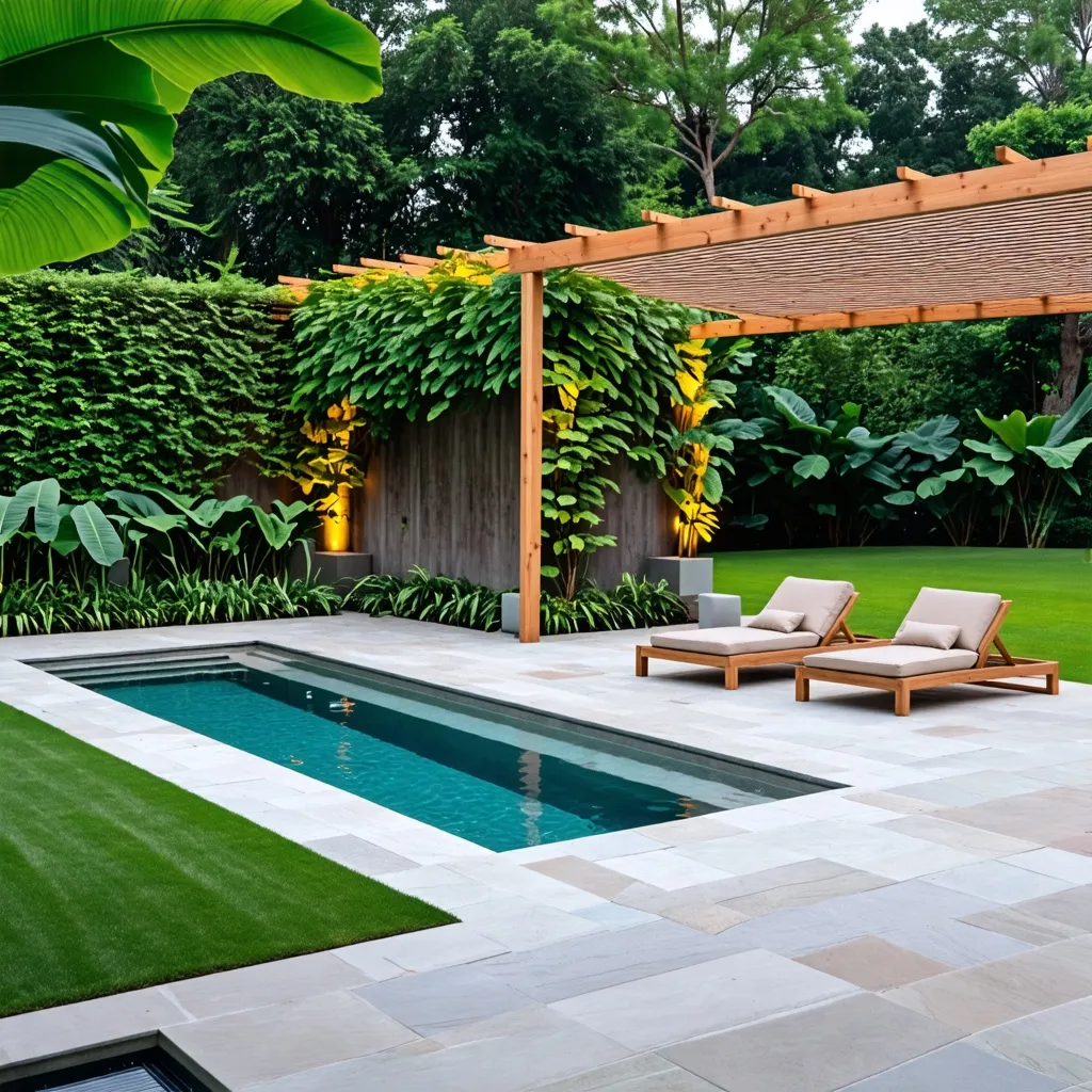 Oasis tropical con piscina y zona de relax en un jardín exuberante.