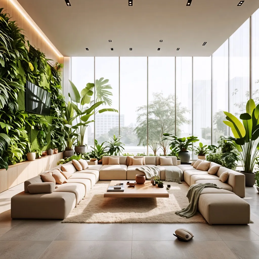Oasis urbano: diseño de interiores con plantas y amplios ventanales.