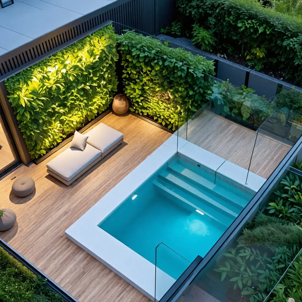 Oasis urbano: diseño de patio con piscina y vegetación exuberante.