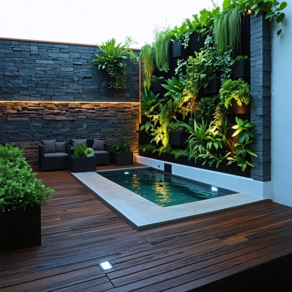 Oasis urbano: Piscina y jardín vertical en armonía.
