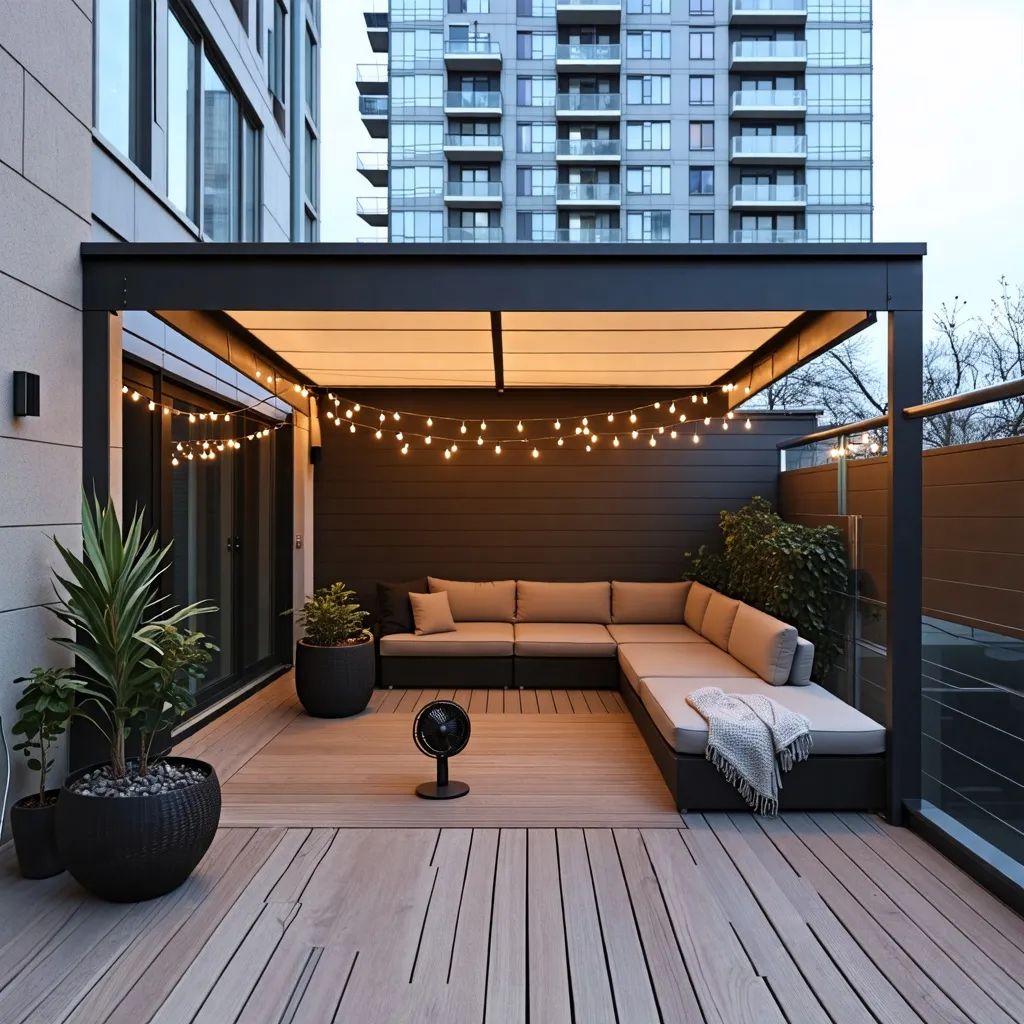 Oasis urbano: terraza acogedora con iluminación cálida y diseño moderno.