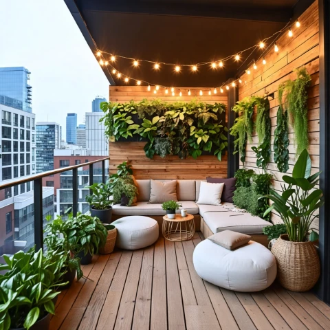 Oasis urbano: terraza acogedora con plantas y luces cálidas.