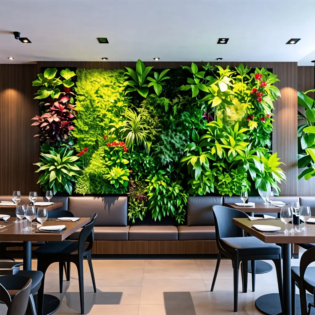 Oasis verde en el corazón del restaurante: una pared viva que cautiva.
