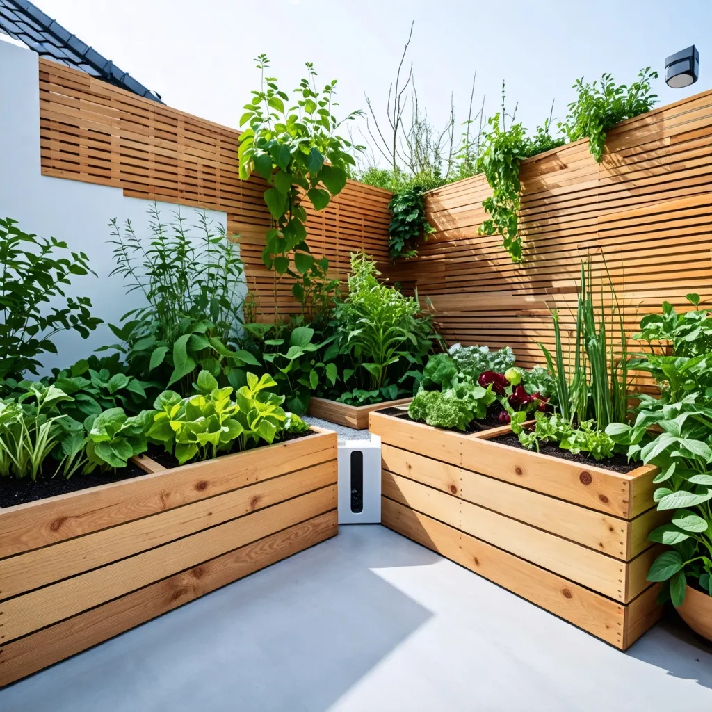 Oasis verde urbano: diseño de jardín con bancales de madera y vegetación frondosa.