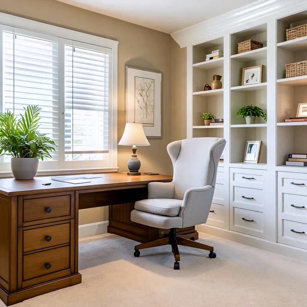 Oficina de diseño elegante con muebles de madera y estantería.