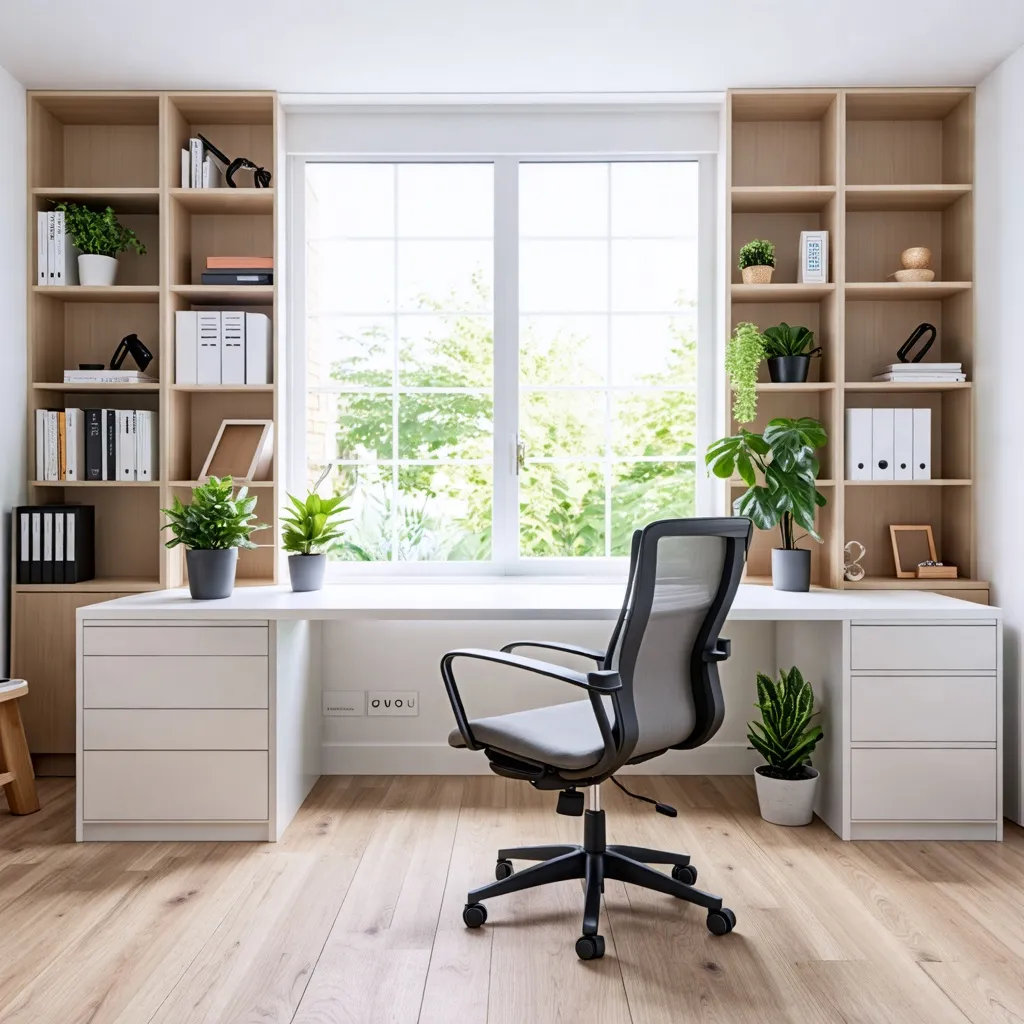 Oficina de diseño moderno con amplias estanterías y ventana panorámica.