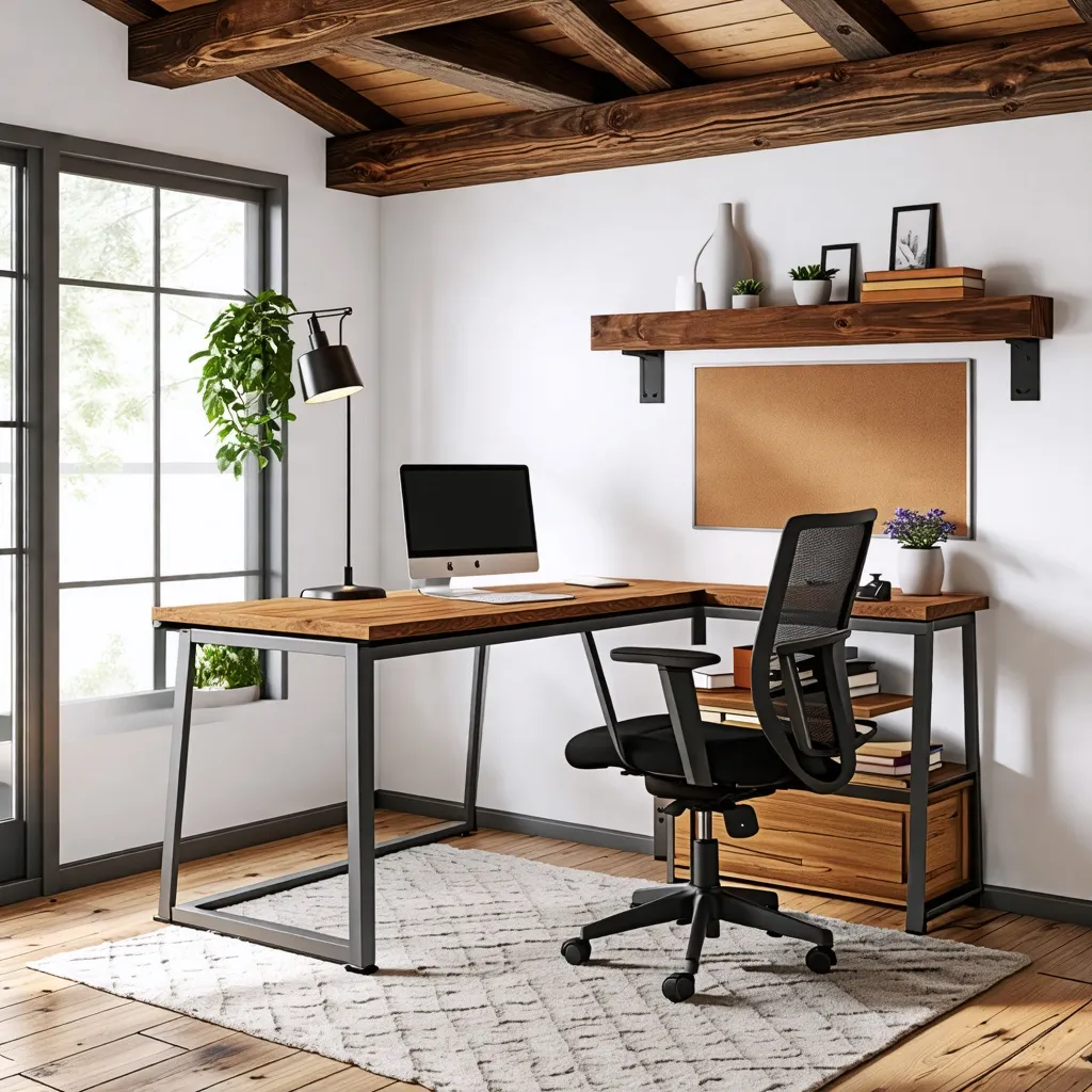 Oficina de estilo industrial con detalles de madera y naturaleza.