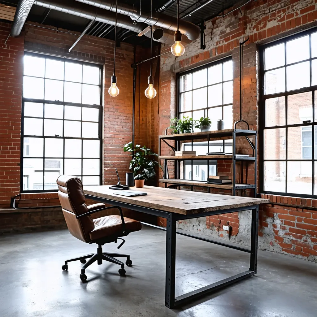 Oficina industrial con muebles de madera y ladrillo expuesto.