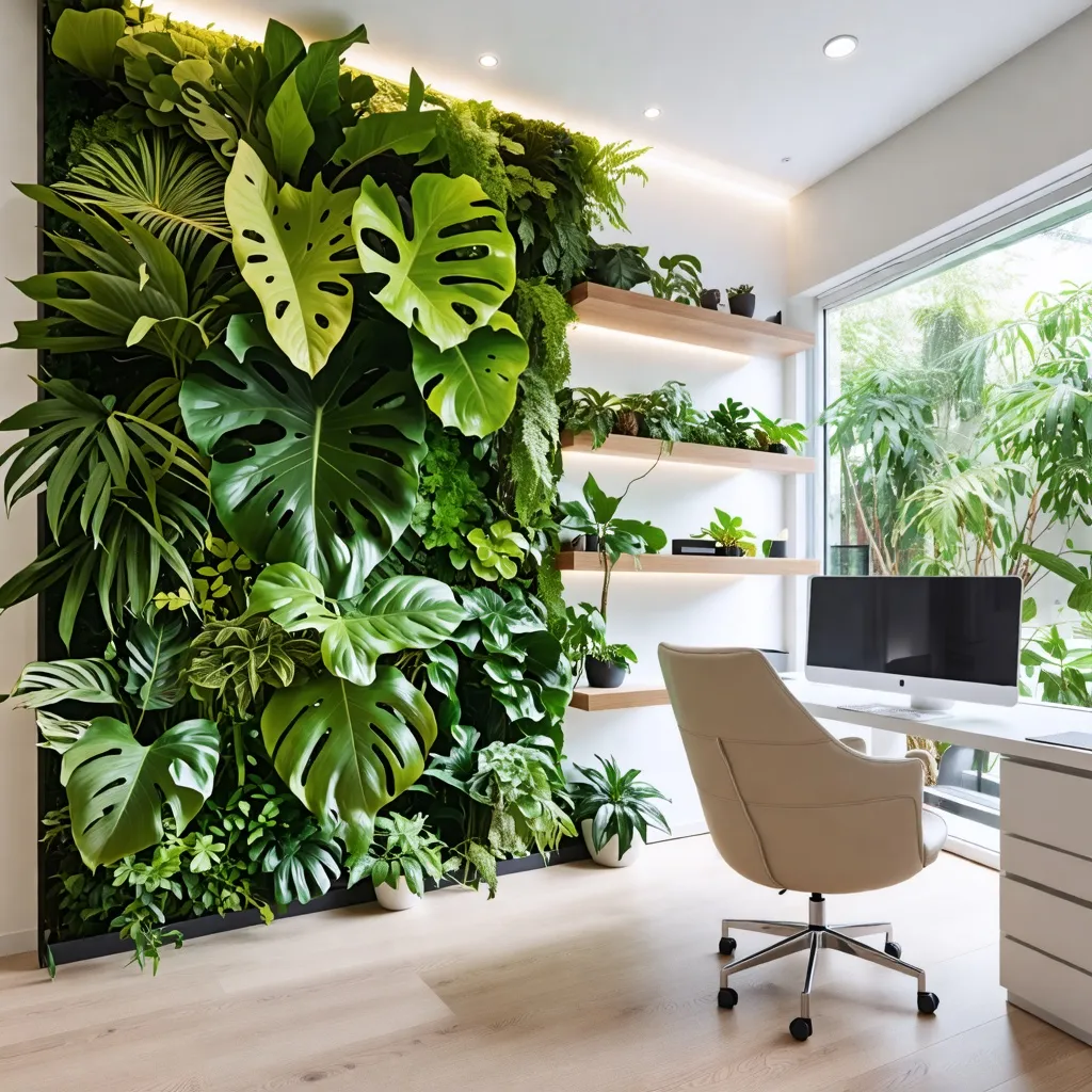 Oficina con jardín vertical: espacio de trabajo inspirador y sostenible.