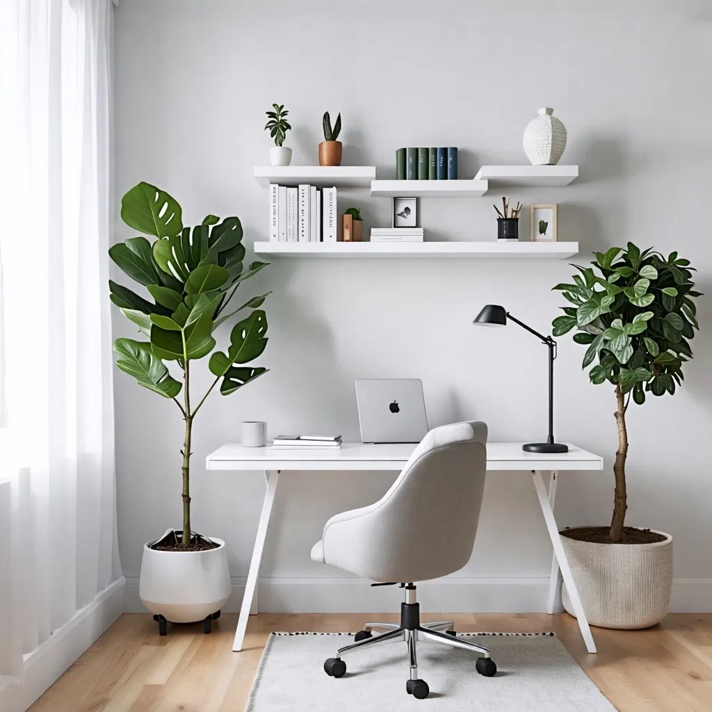 Oficina minimalista y acogedora con plantas y estanterías.