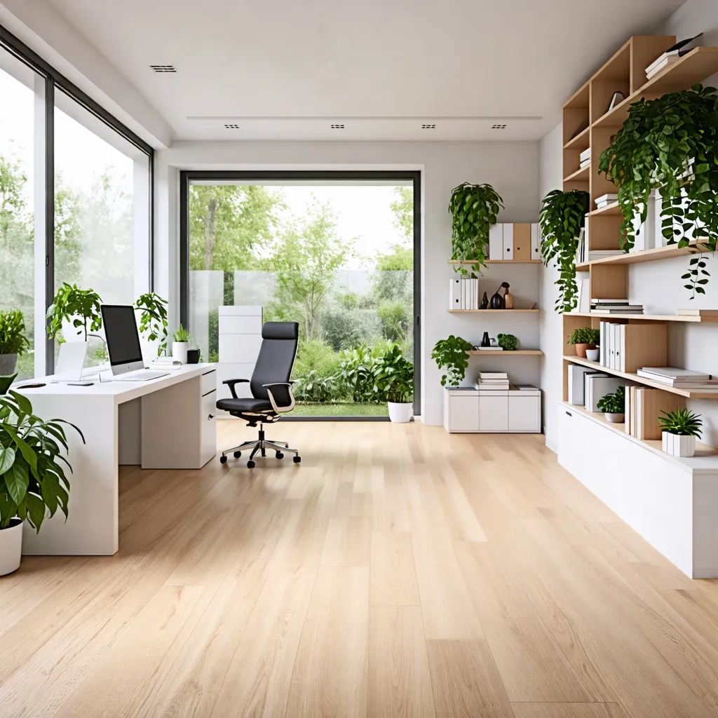Oficina moderna y acogedora con vista al jardín, diseño minimalista.