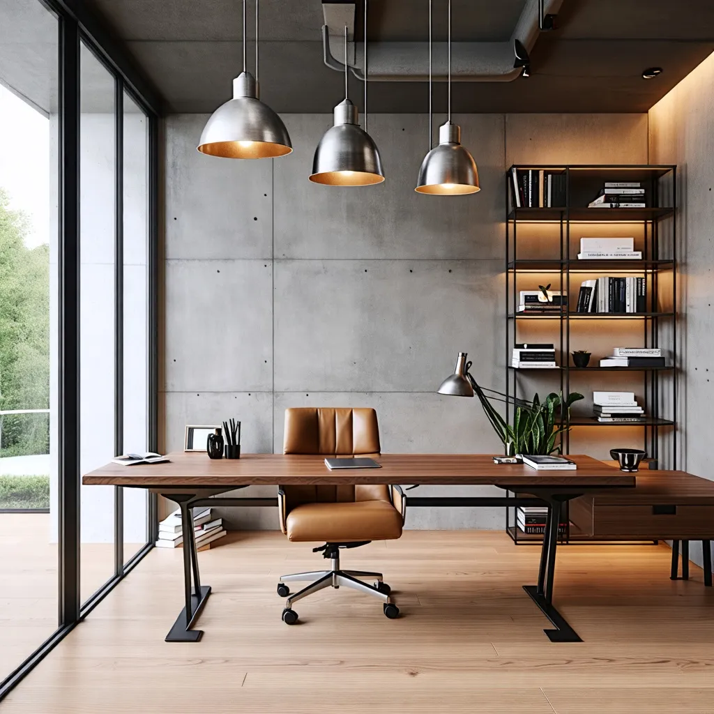 Oficina moderna y elegante con iluminación industrial y diseño minimalista.