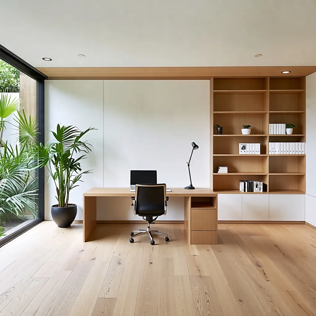 Oficina moderna y luminosa, con diseño minimalista y toques naturales.