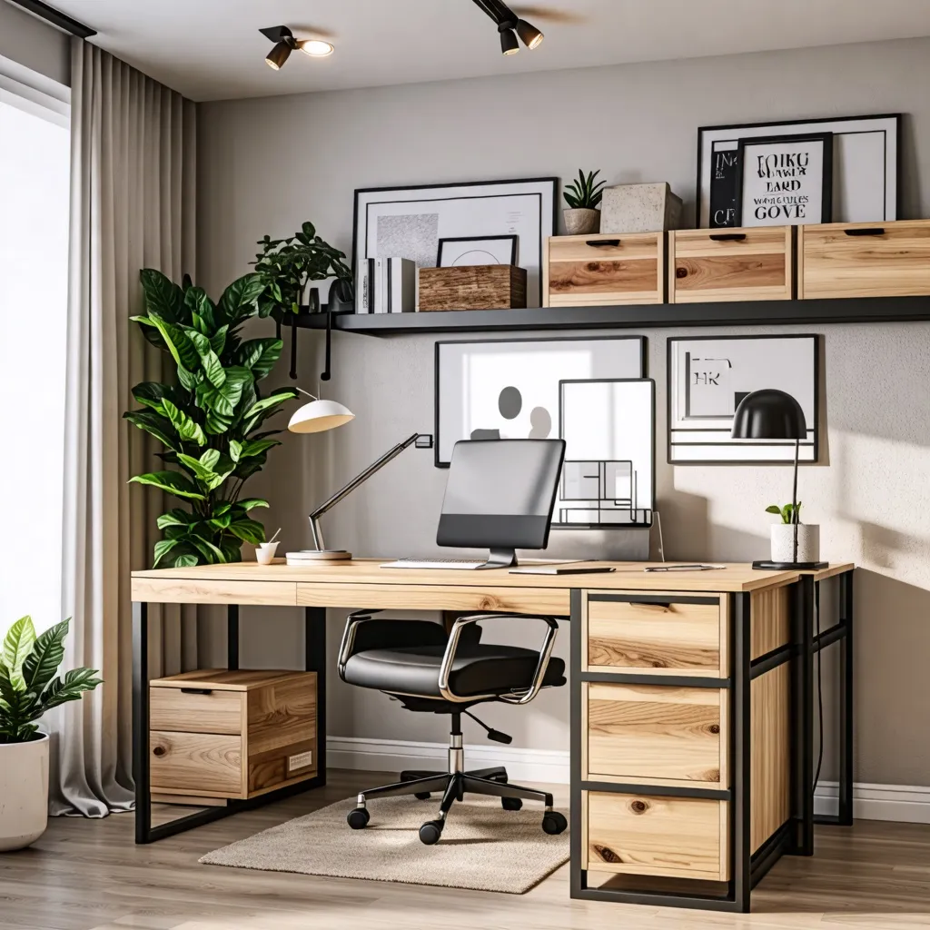 Oficina moderna y minimalista con estantes de madera y plantas