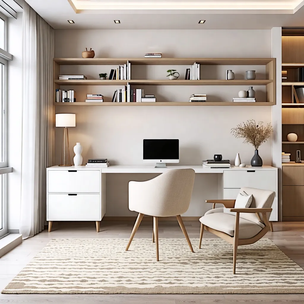 Oficina moderna y minimalista con estantes de madera y detalles decorativos.