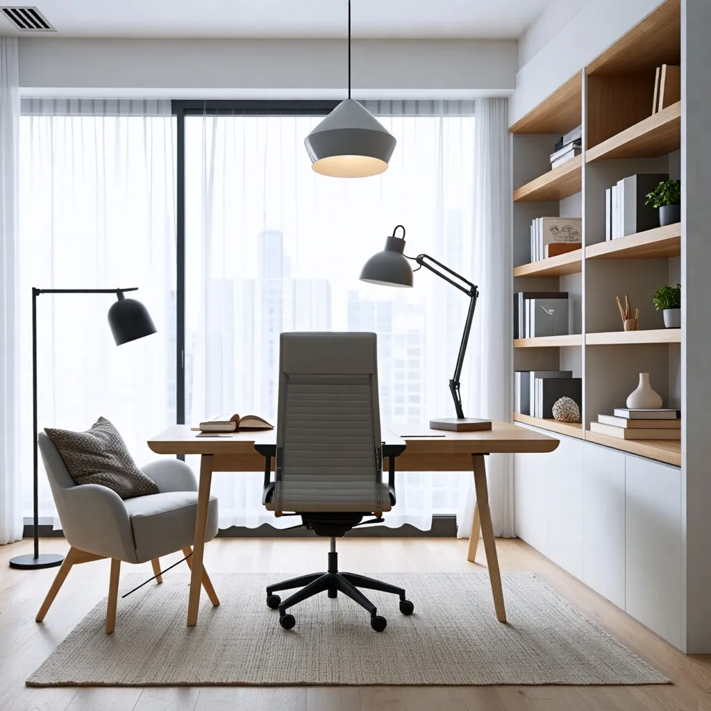 Oficina moderna y minimalista con estantes de madera y detalles en gris.