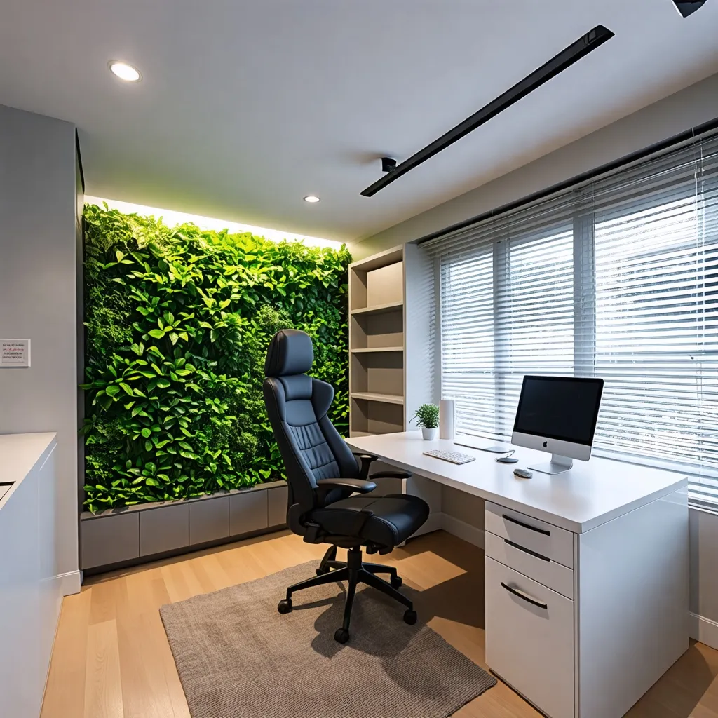 Oficina moderna con pared verde y equipo de trabajo