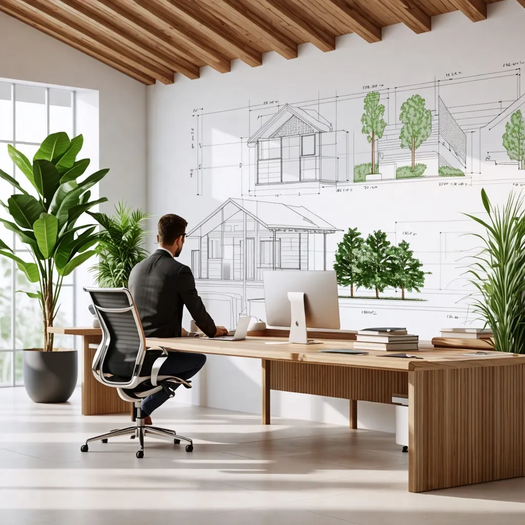 Oficina moderna y sostenible: diseño arquitectónico en armonía con la naturaleza.