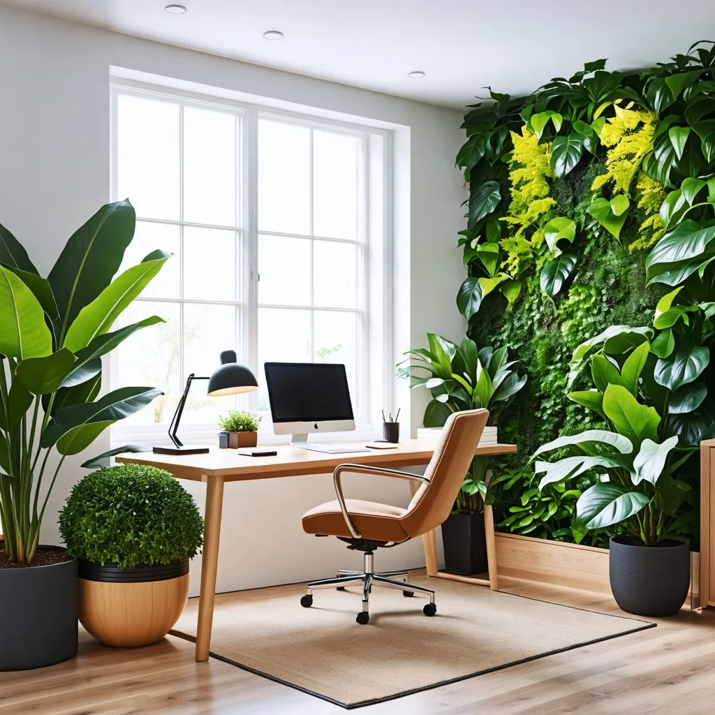 Oficina moderna y verde con plantas y pared vegetal.
