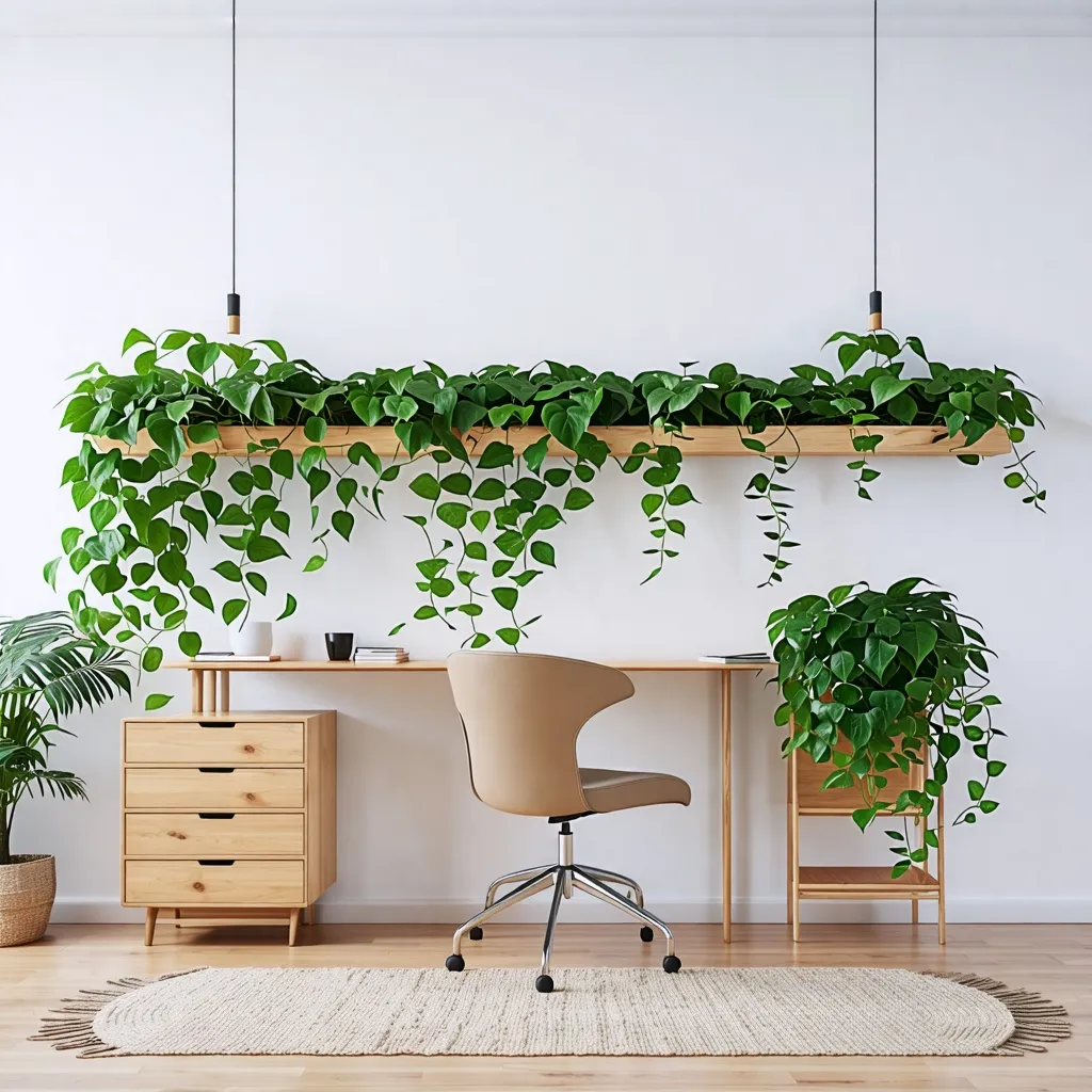 Oficina natural y acogedora con plantas colgantes y muebles de madera.