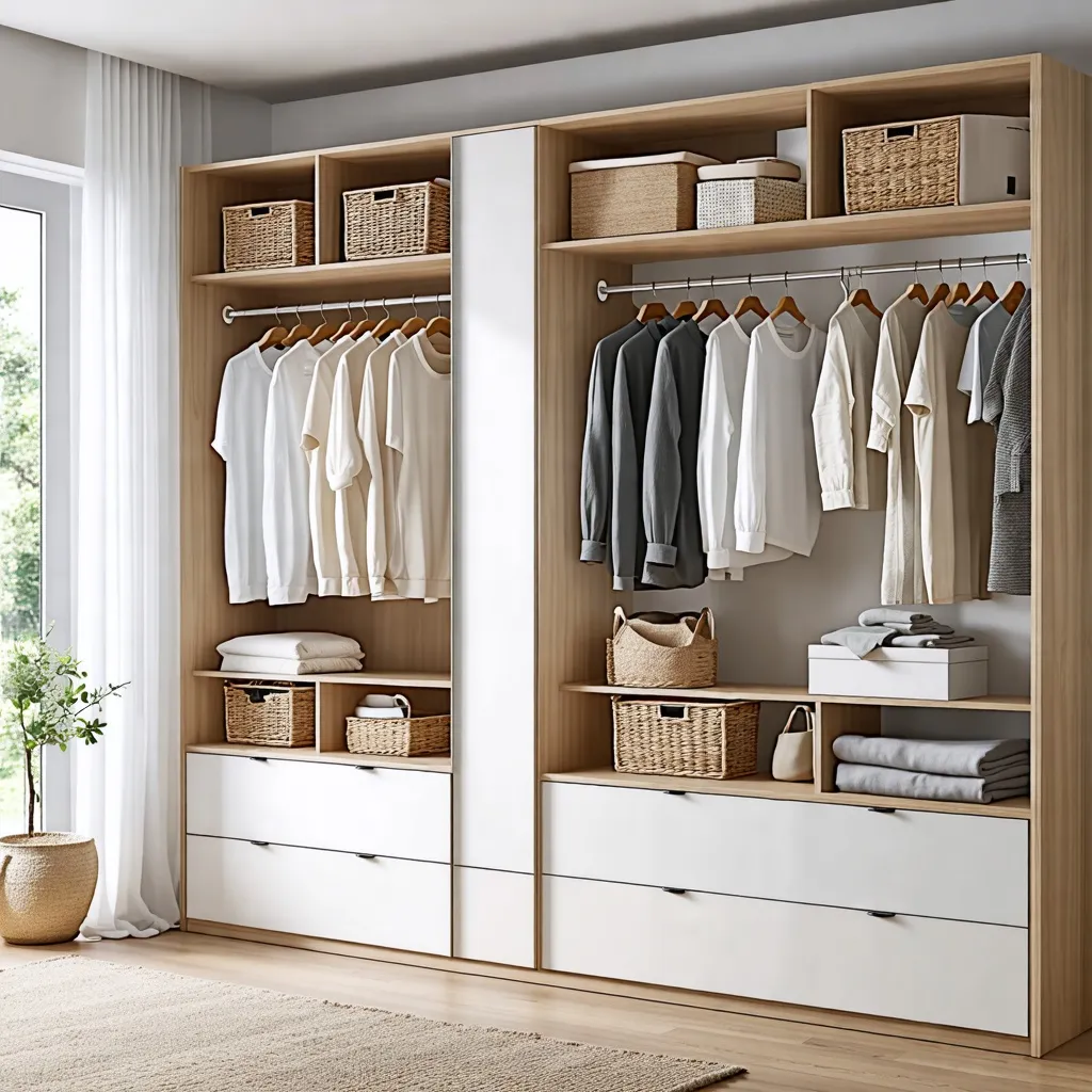 Organización y almacenamiento eficiente en un moderno armario de dormitorio.