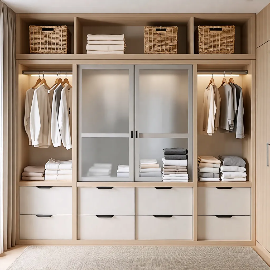 Organización de armario minimalista y elegante en tonos neutros.