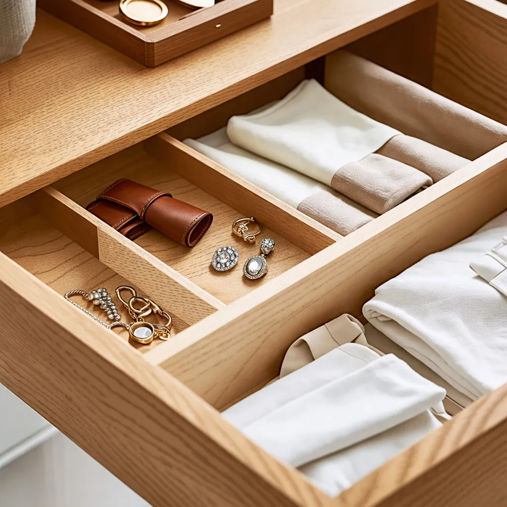 Organización elegante y práctica para accesorios y ropa en el hogar.