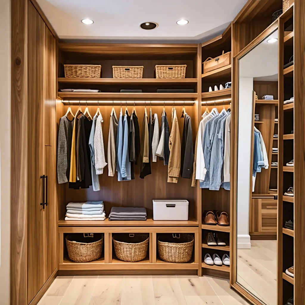 Organización elegante y práctica del armario con iluminación y almacenamiento.