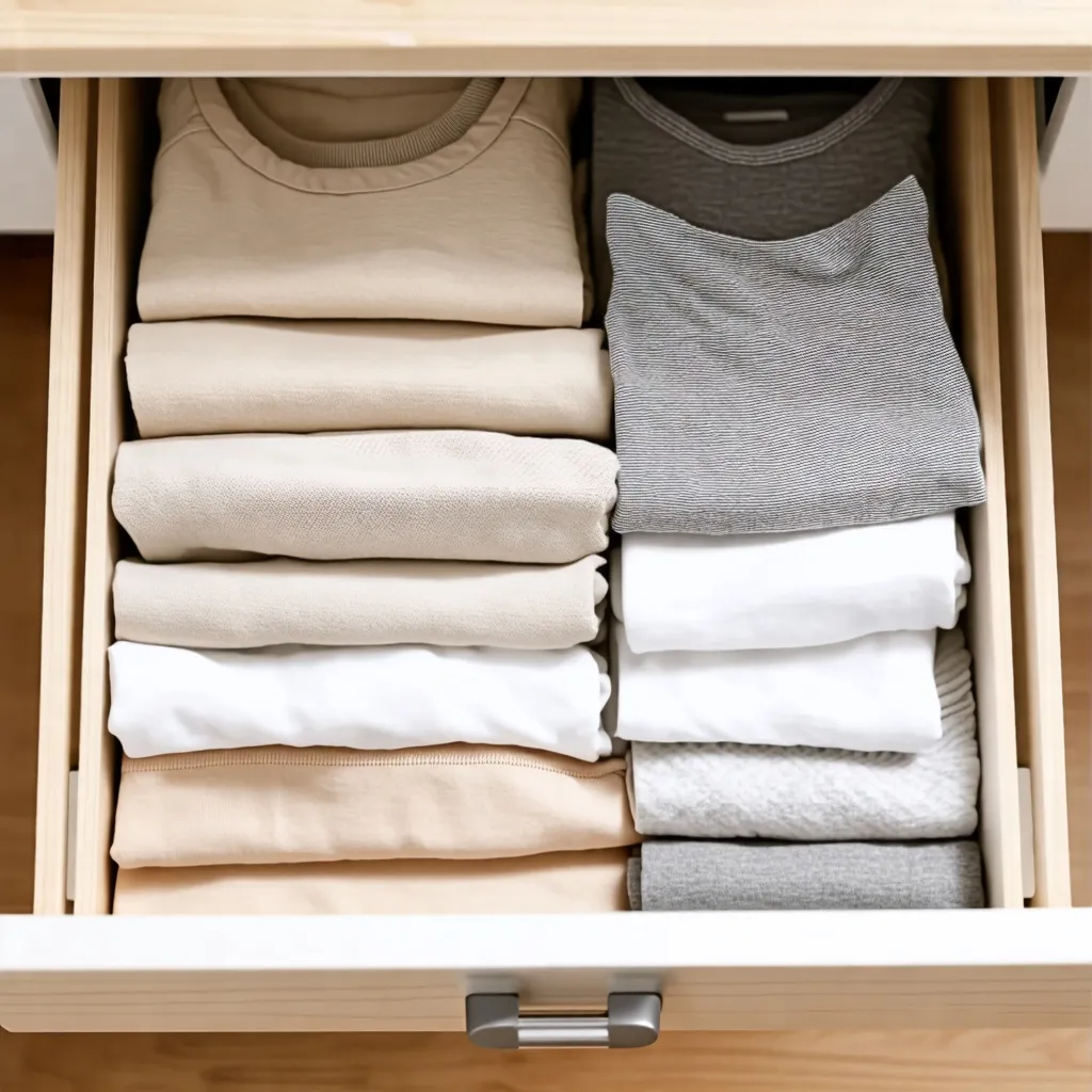 Organización de ropa en cajón de madera, diseño minimalista.