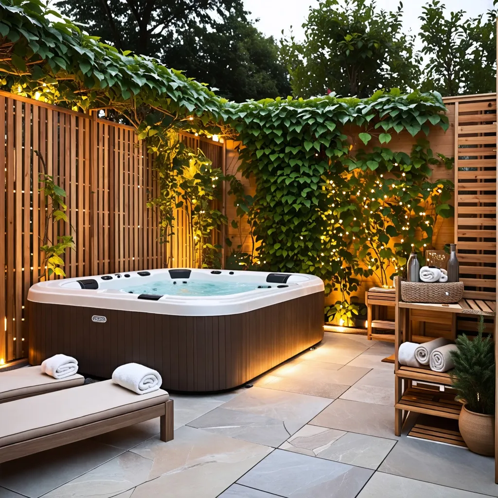 Paraíso privado: jacuzzi rodeado de naturaleza y luces cálidas.