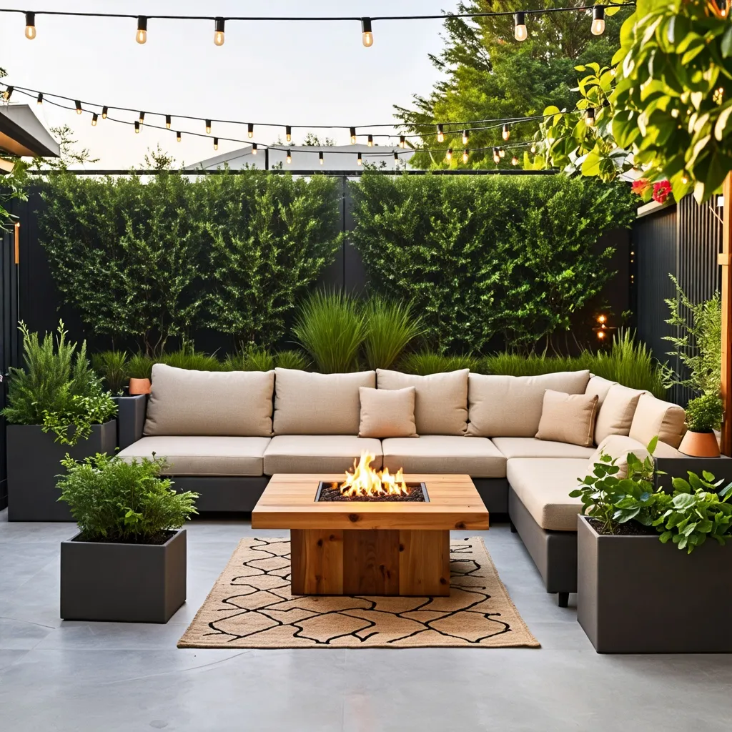 Paraíso verde con muebles cómodos y chimenea al aire libre.