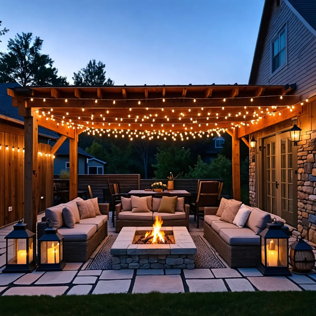 Patio acogedor con luces cálidas y chimenea al atardecer.