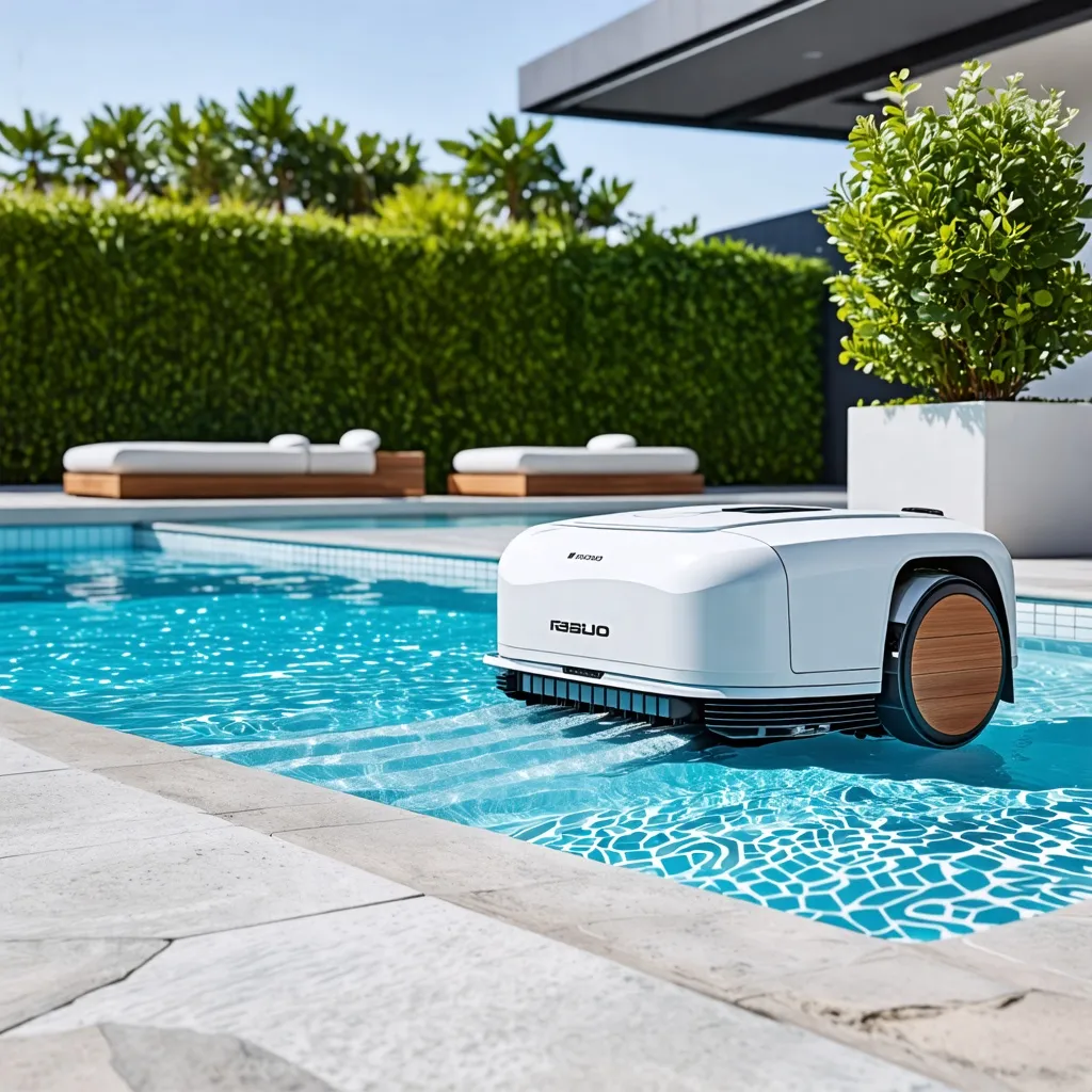Piscina de lujo con robot de limpieza automatizado en un jardín tropical.