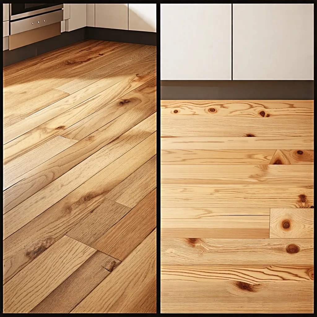 Piso de madera natural, detalles de textura y diseño de cocina.