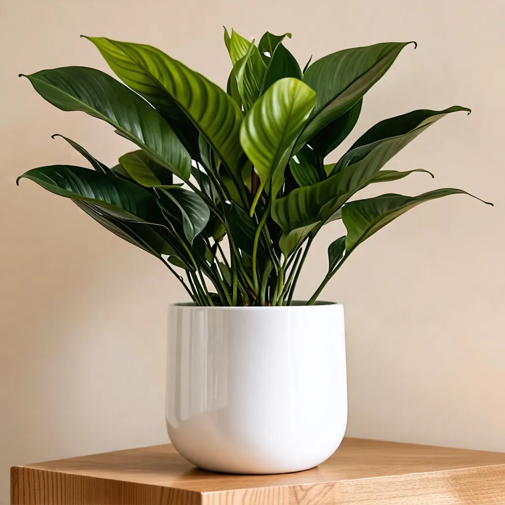 Planta ornamental en maceta blanca sobre estante de madera.