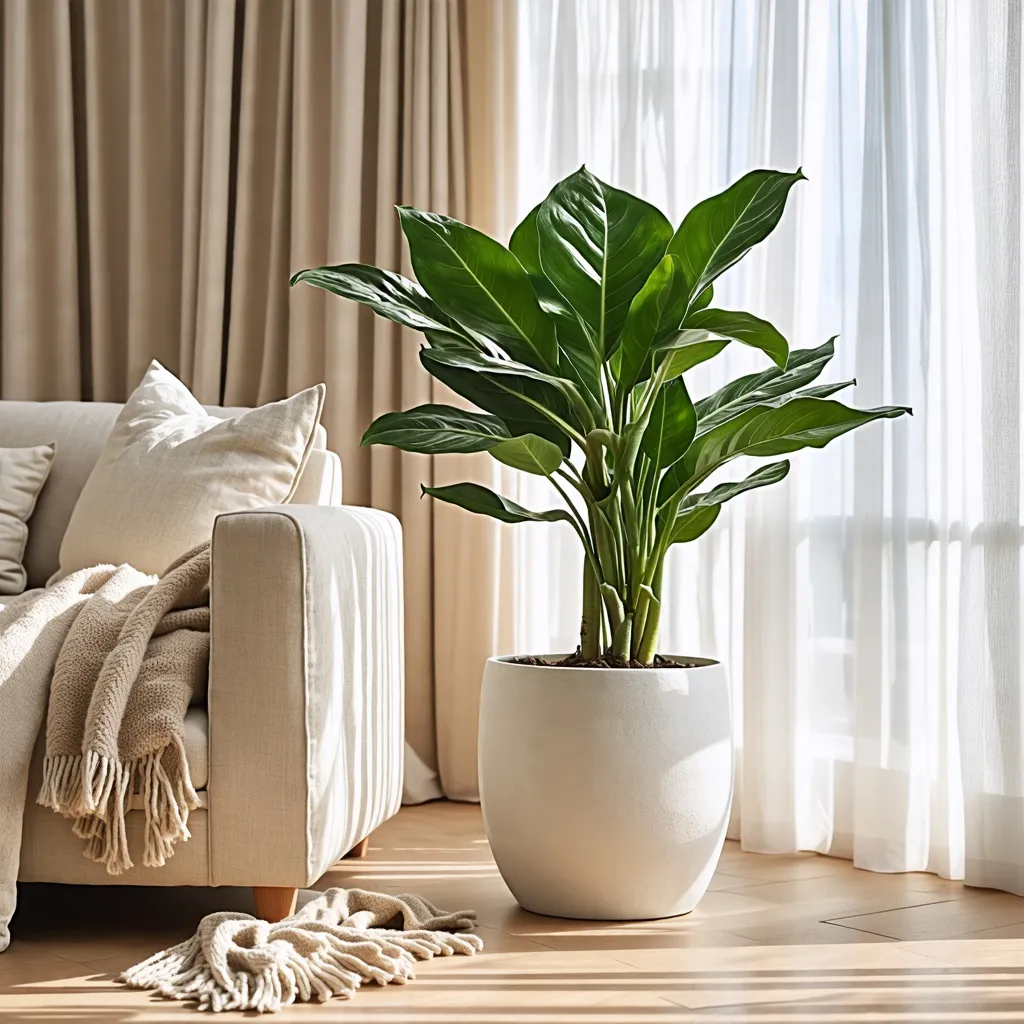 Planta tropical en un acogedor interior, decoración natural y elegante.