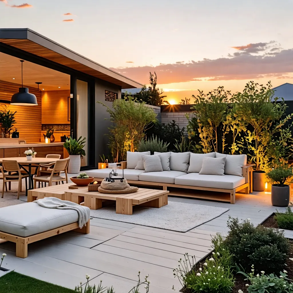Puesta de sol en un acogedor patio trasero con diseño moderno y natural.
