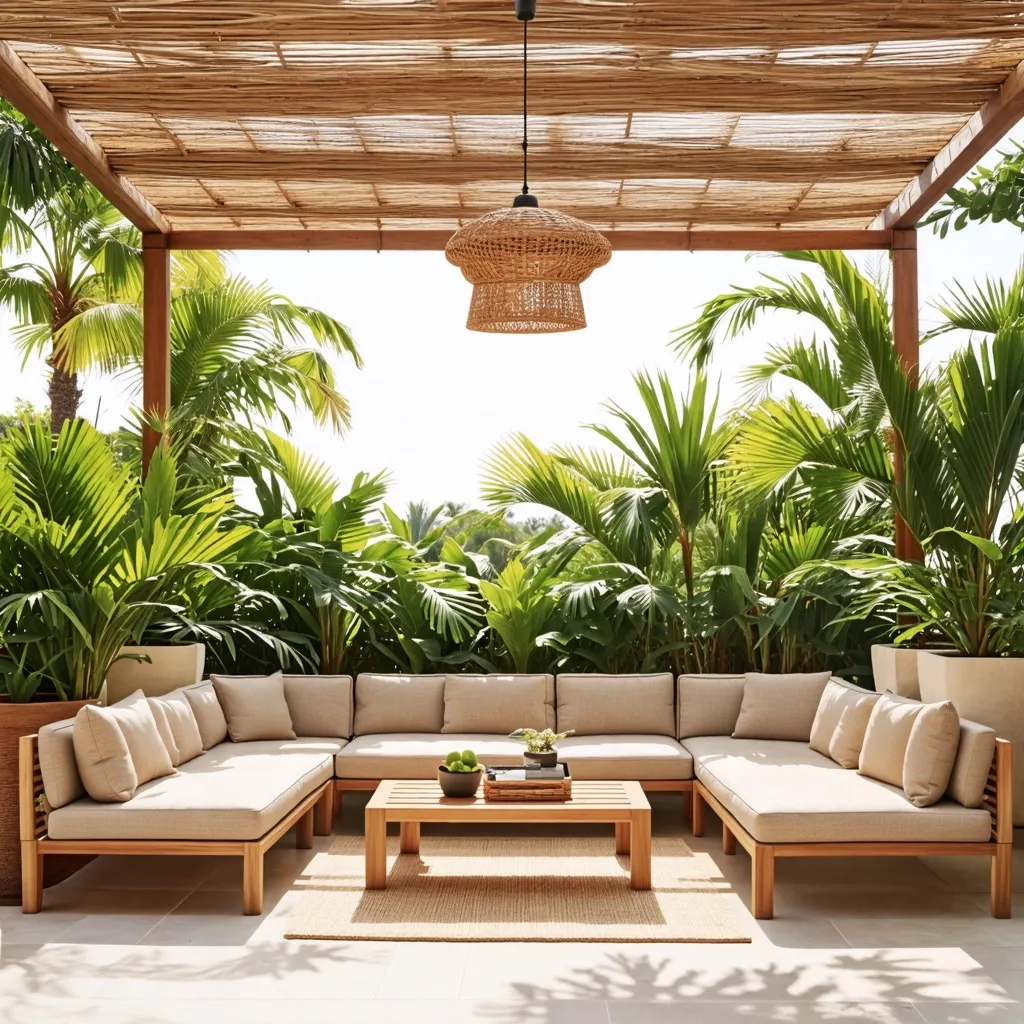 Refugio tropical con muebles de madera y plantas exóticas.