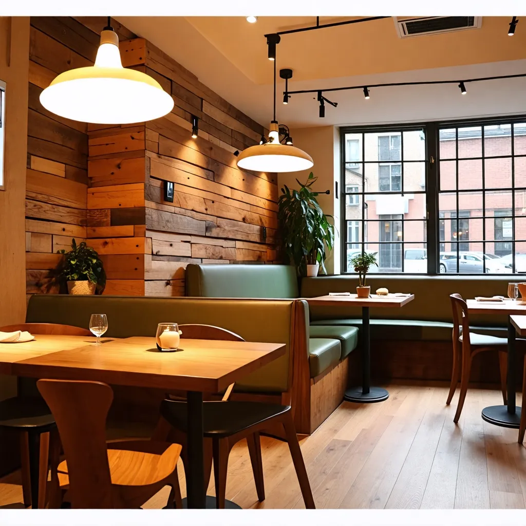 Acogedor restaurante con diseño rústico y moderno.