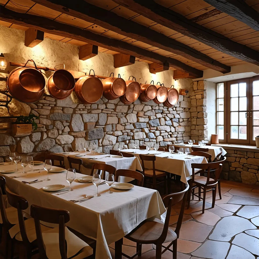 Restaurante rústico con paredes de piedra y utensilios de cobre.