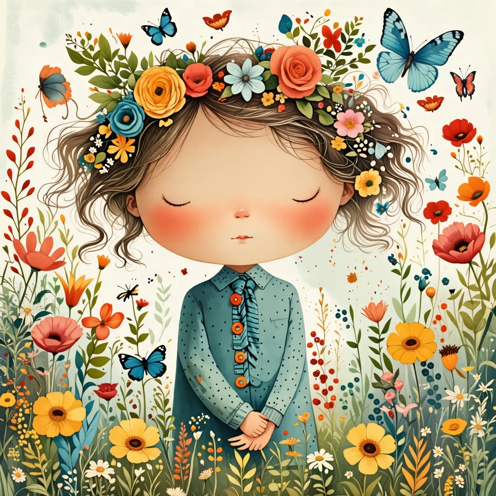 Retrato floral de una niña soñadora en un jardín encantado.