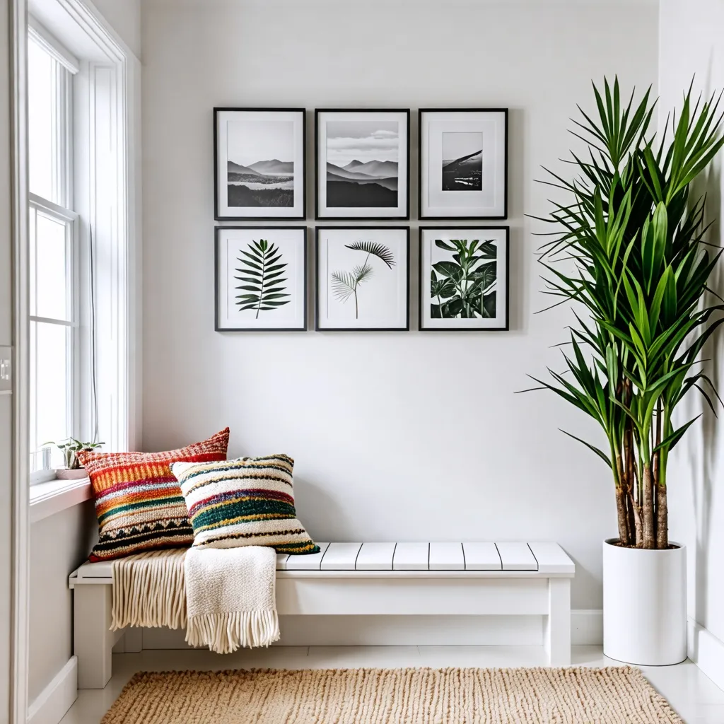 Rincón acogedor con arte de naturaleza y plantas verdes.
