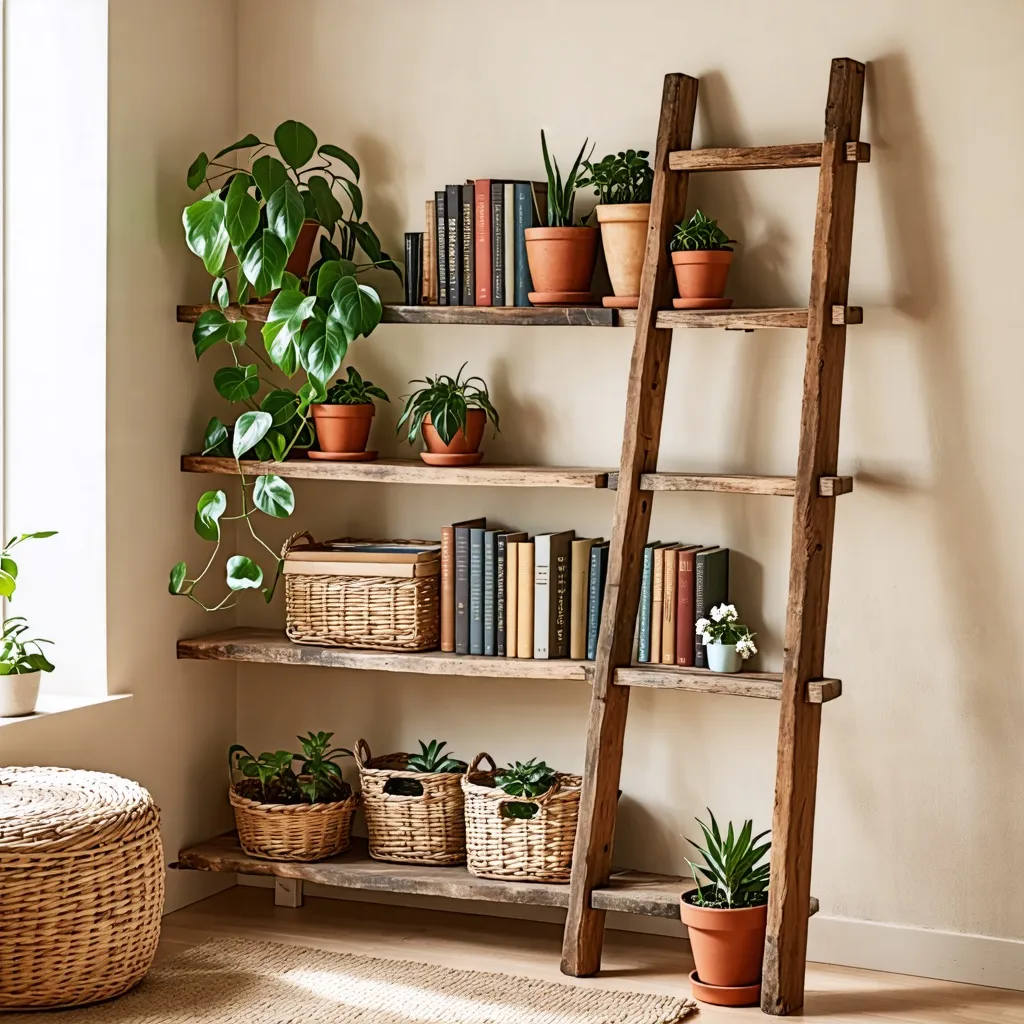 Rincón acogedor con estantería de madera y plantas decorativas.