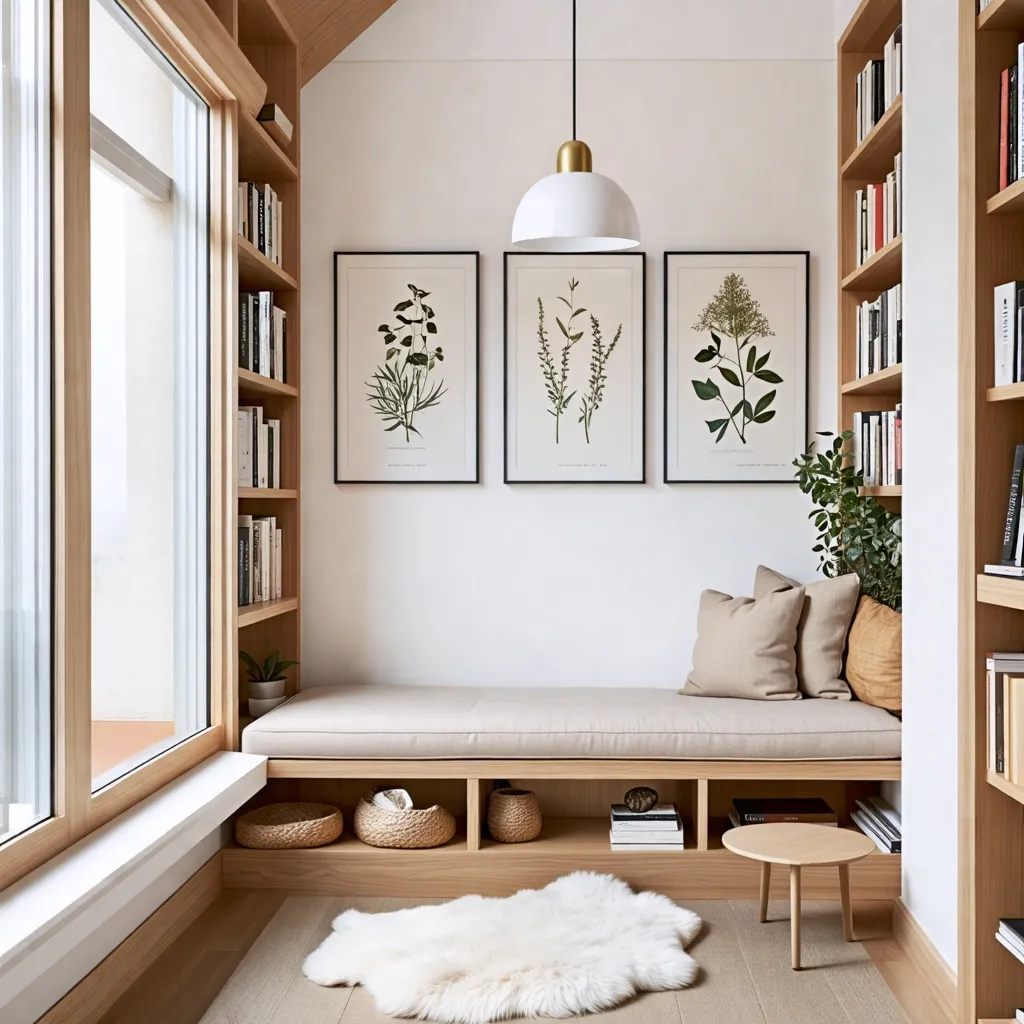 Rincón acogedor con estantes de madera y decoración botánica.