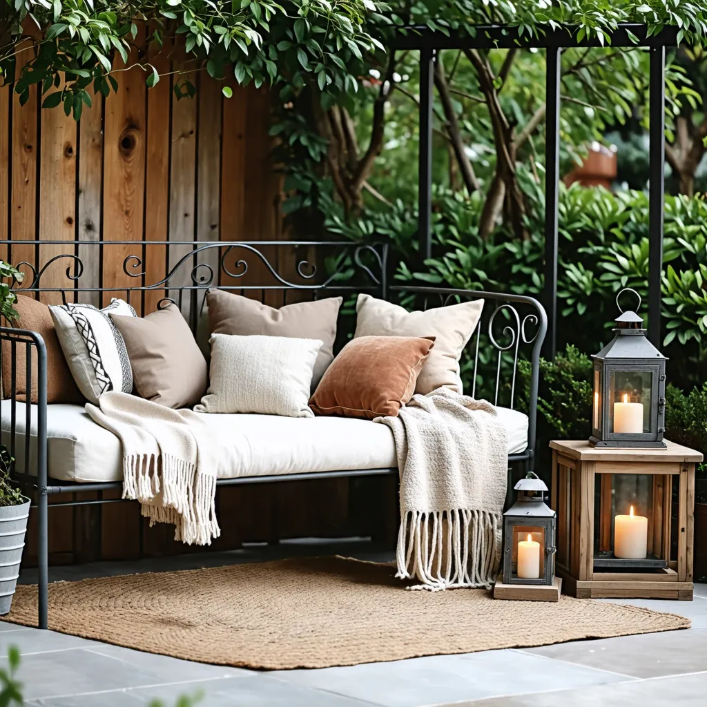 Rincón acogedor y acogedor en el jardín, con muebles de exterior y velas.