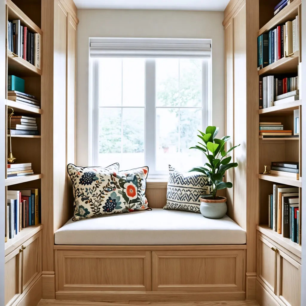 Rincón acogedor con libros y cojines florales junto a ventana.