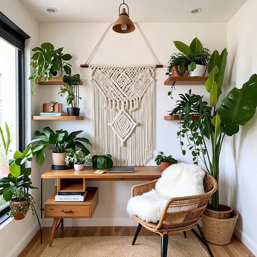 Rincón acogedor con plantas y decoración de macramé.