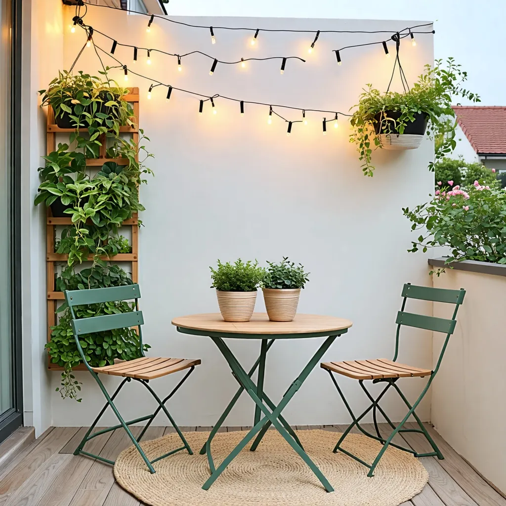 Rincón acogedor con plantas y luces cálidas en terraza acogedora.