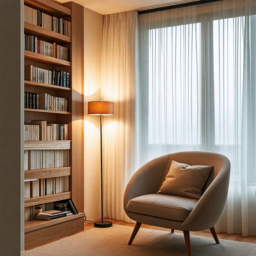 Rincón de lectura acogedor con estantería y sillón cómodo.